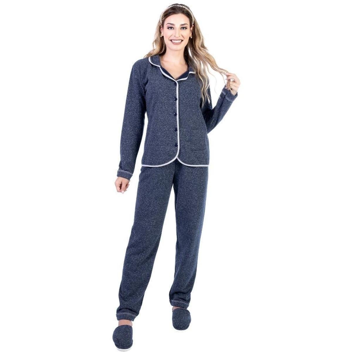 Pijama Feminino De inverno Camisa Manga Longa Com Bolso e calça Longa Tecido Moletinho Confortável - Marinho Menor preço em Pijama Feminino De inverno Camisa Manga Longa Com Bolso e calça Longa Tecido Moletinho Confortável - Marinho