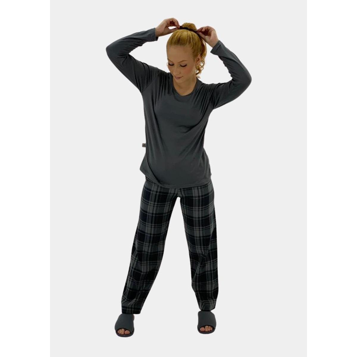 Pijama feminino em suede com calça em flanela azul - Cinza Menor preço em Pijama feminino em suede com calça em flanela azul - Cinza