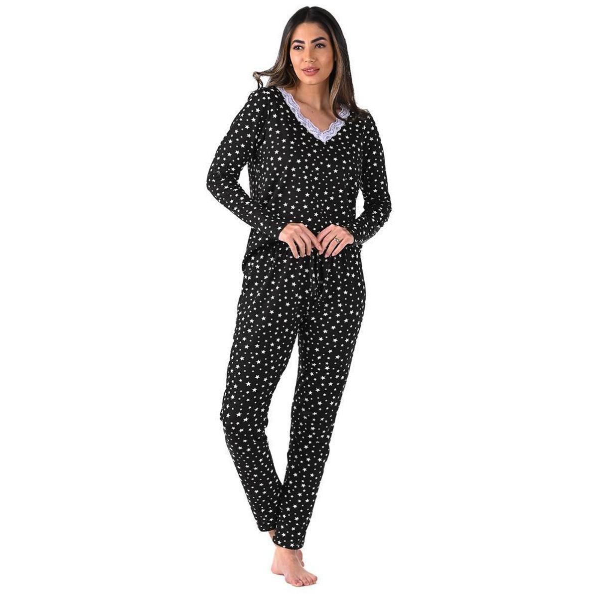 Pijama Feminino Inverno Adulto Longo Summer Soul - Preto+Branco Menor preço em Pijama Feminino Inverno Adulto Longo Summer Soul - Preto+Branco