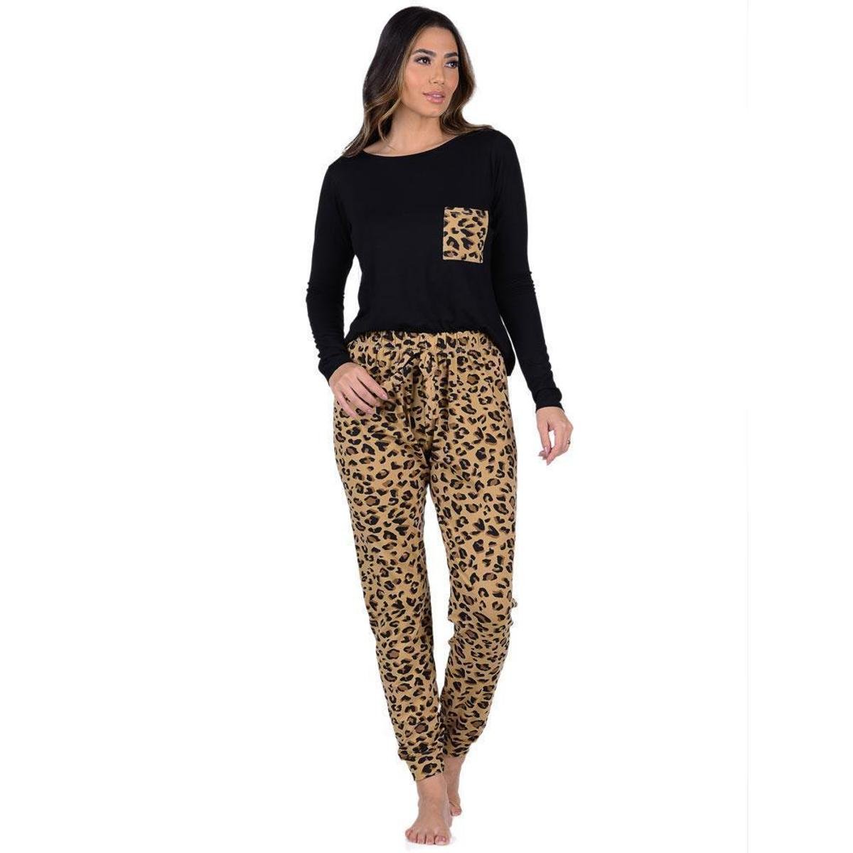 Pijama Feminino Inverno Adulto Longo Summer Soul - Preto+Bege Menor preço em Pijama Feminino Inverno Adulto Longo Summer Soul - Preto+Bege