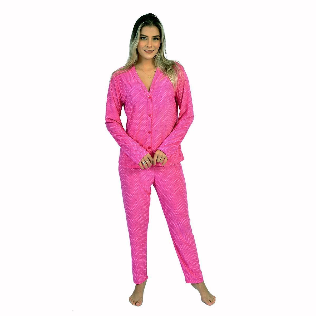 Pijama Feminino Longo Inverno Liganete Botões - Pink Menor preço em Pijama Feminino Longo Inverno Liganete Botões - Pink
