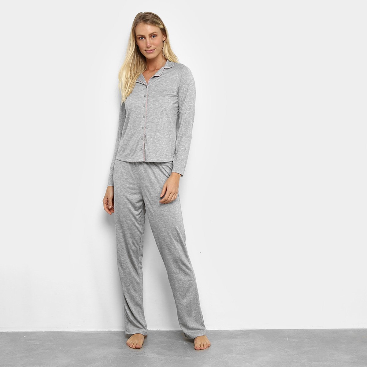 Pijama Hering Longo Com Botões Feminino - Mescla Menor preço em Pijama Hering Longo Com Botões Feminino - Mescla