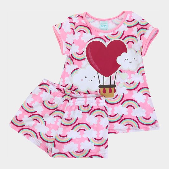 Pijama Infantil Kyly Nuvens Fluorescente Feminino - Rosa