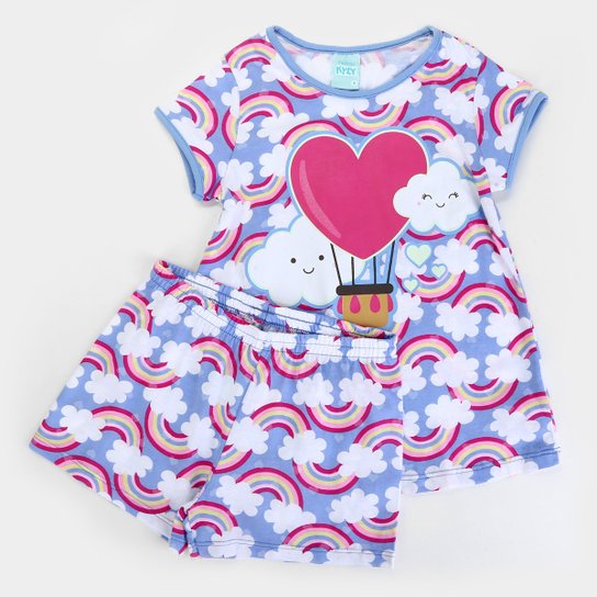Pijama Infantil Kyly Nuvens Fluorescente Feminino - Azul Claro