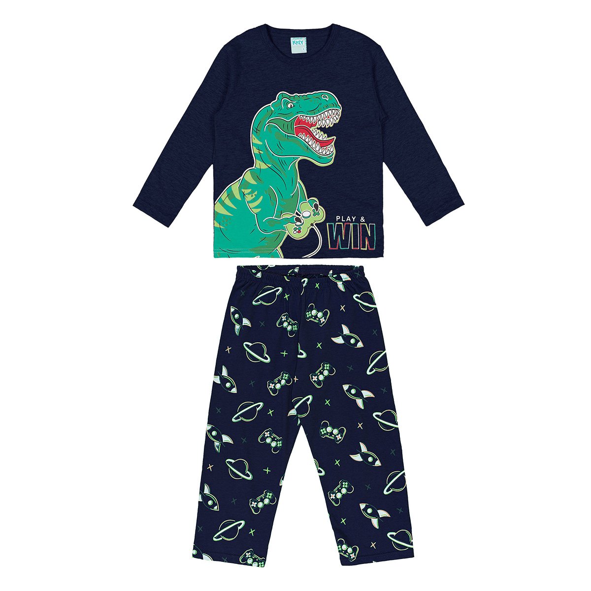 Pijama Infantil Longo Kyly Dino Brilha Escuro Menino - Marinho Menor preço em Pijama Infantil Longo Kyly Dino Brilha Escuro Menino - Marinho
