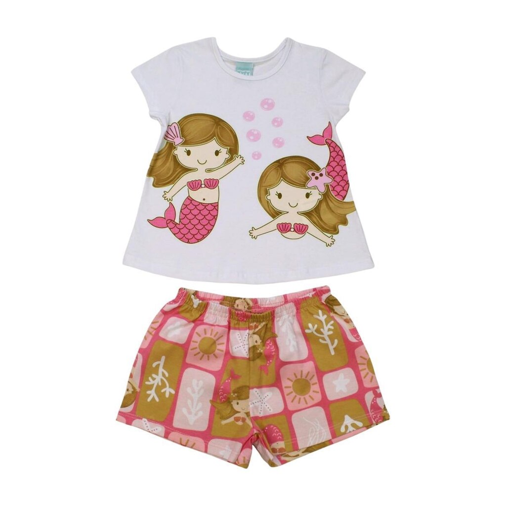 Pijama Infantil Manga Curta Estampado Sereias 1001379 - Kyly