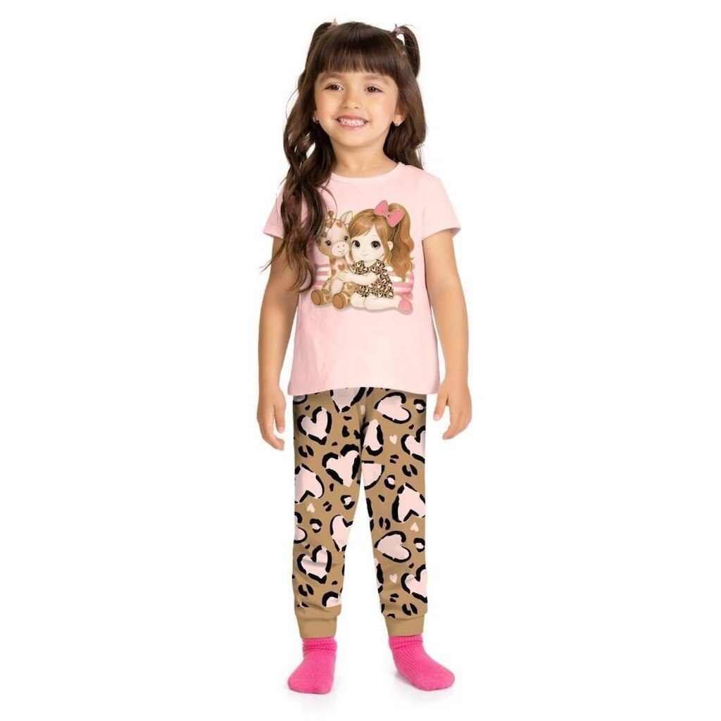 Pijama Infantil Menina Boneca E Girafa Rosa Brilha Kyly