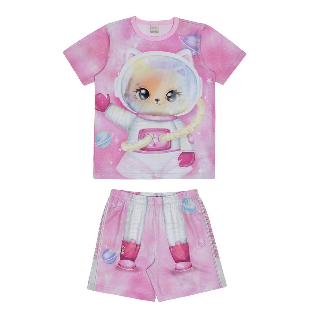 Pijama Infantil Menina Gatinha Astronauta Rosa Alakazoo