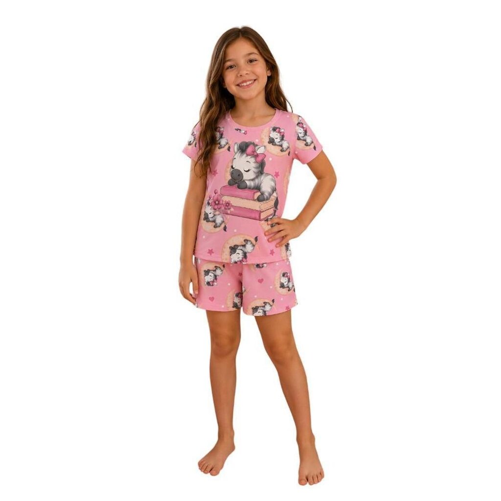 Pijama Infantil Menina Zebra Dormindo Rosa Brilha Kyly