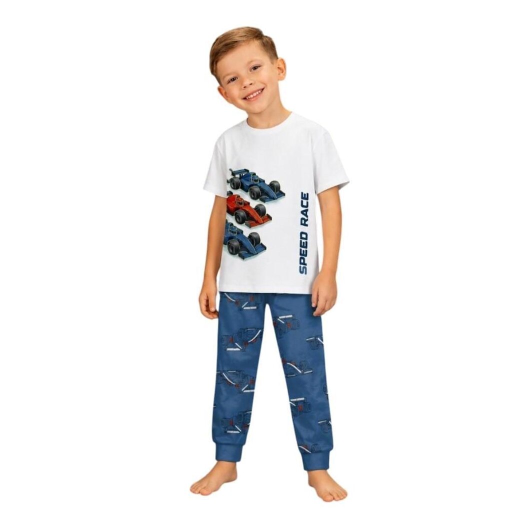 Pijama Infantil Menino Speed Race Branco E Azul Brilha Kyly