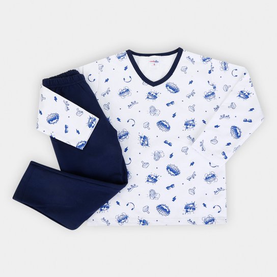 Pijama Infantil Moletinho Candy Kids Felpudo Pow Longo Masculino - Branco+Marinho