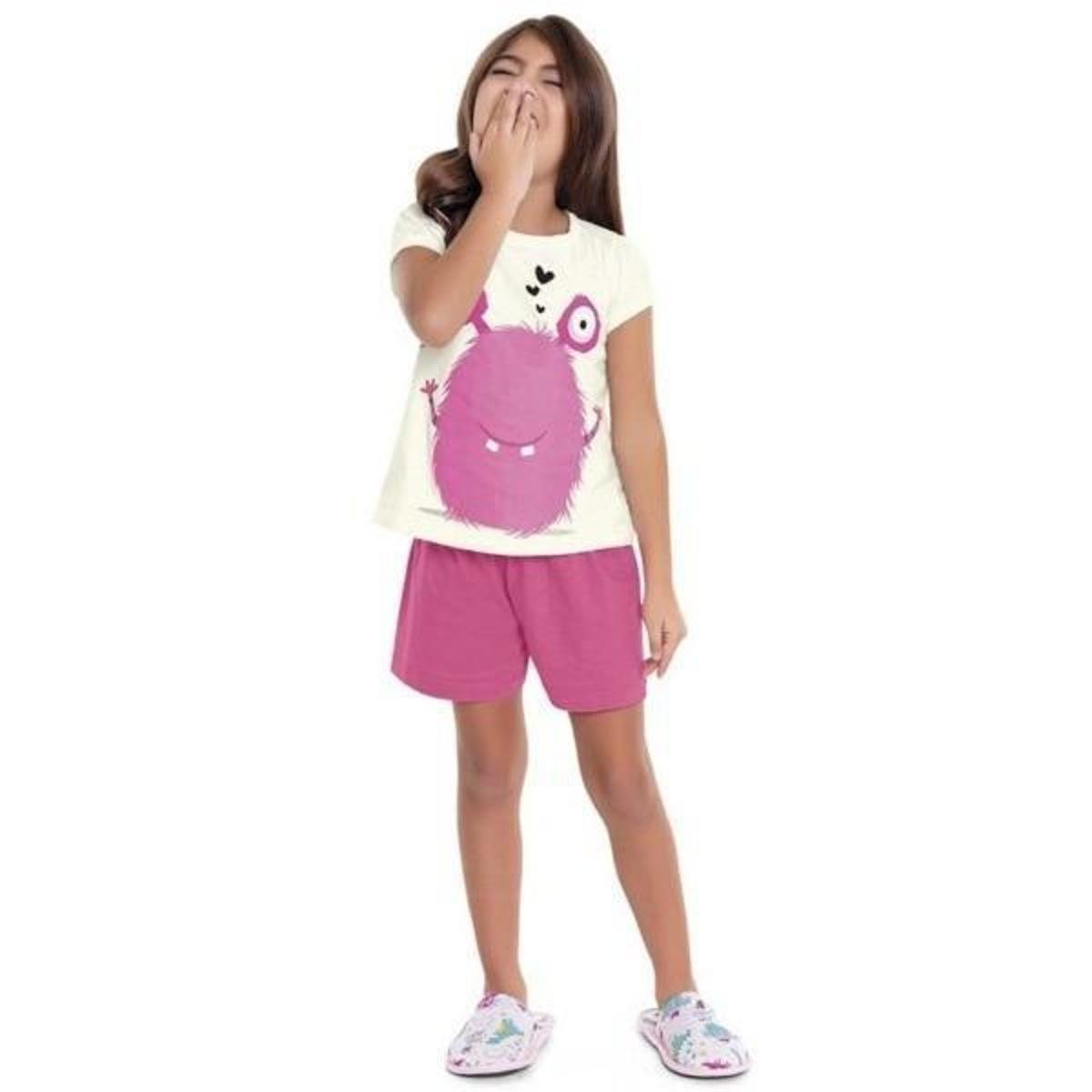 Pijama Infantil Verão Monstrinho, Brilha No Escuro, 2 peças Fakini Feminino  - Creme | Zattini