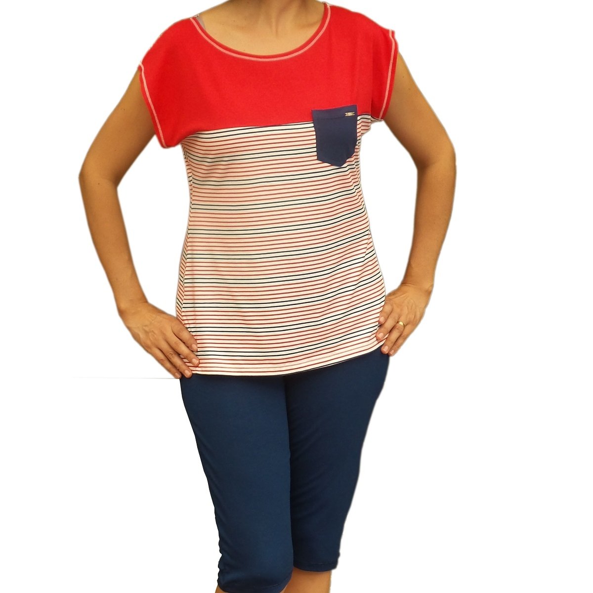 Pijama Inspirate Capri Marinheiro Feminino - Marinho+Vermelho | Zattini