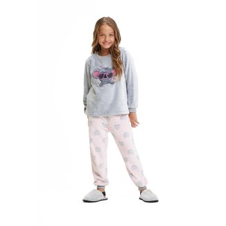 Pijama Inverno Longo Soft Fleece Infantil Menina Com Punho E Bordado Coala Corações Rosa