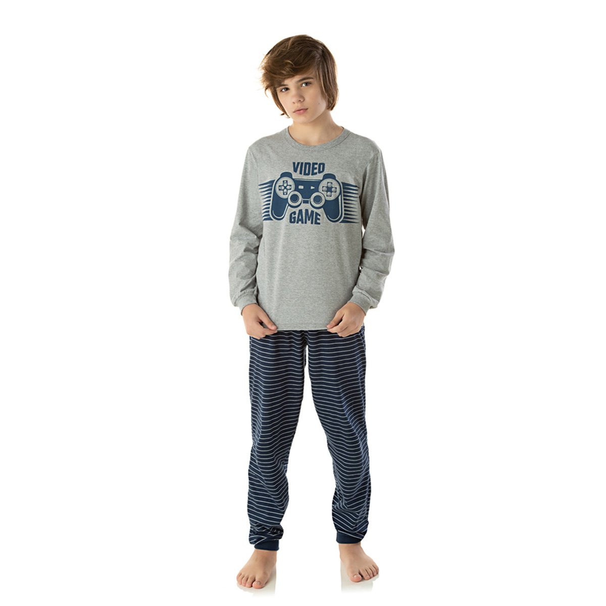 Pijama Juvenil Longo Duzizo Estampado Brilha No Escuro - Mescla Menor preço em Pijama Juvenil Longo Duzizo Estampado Brilha No Escuro - Mescla