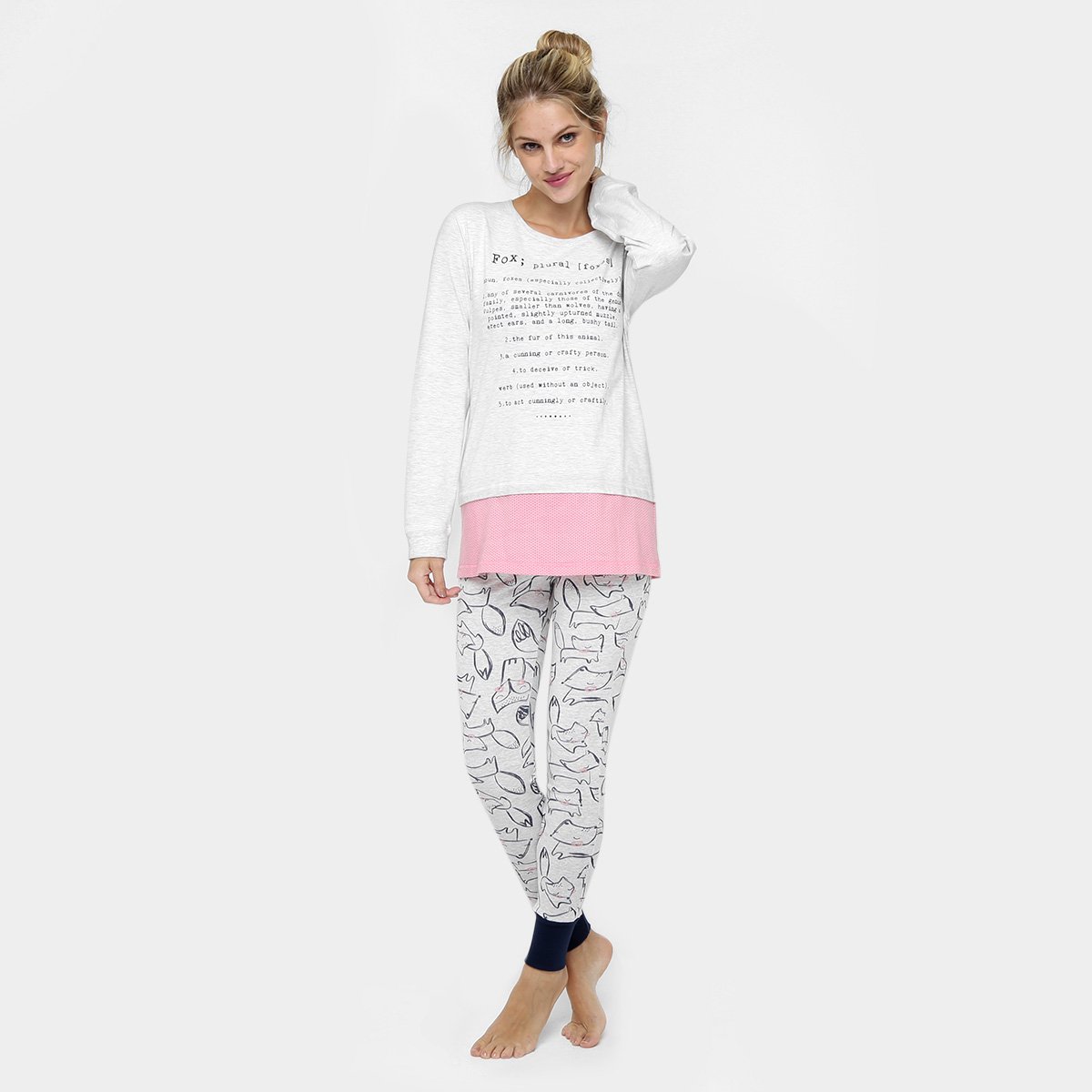 Pijama Longo Censato Foxes Calça Legging Estampa Raposas - Cinza | Zattini