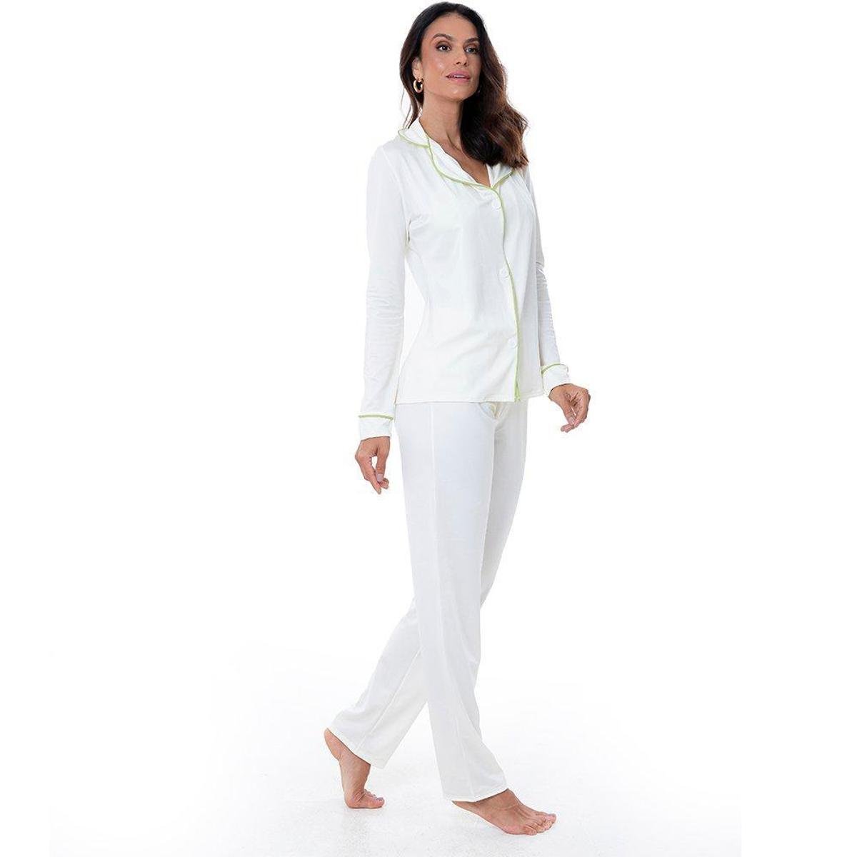Pijama Longo Feminino Calca E Camisa Off/lima C/ Botoes Confortavel Dia A Dia Tritue - Off White Menor preço em Pijama Longo Feminino Calca E Camisa Off/lima C/ Botoes Confortavel Dia A Dia Tritue - Off White