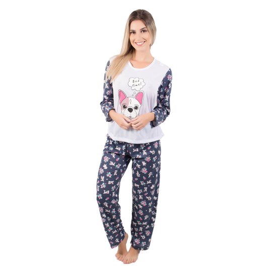 Pijama Longo Feminino Estampado Marcelle - Branco