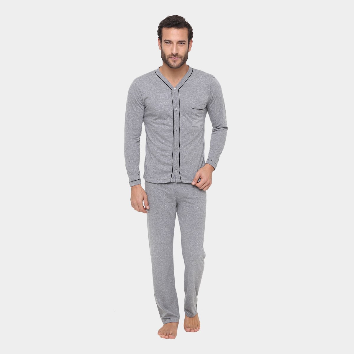 Pijama Longo Lupo Abertura Masculino - Cinza Menor preço em Pijama Longo Lupo Abertura Masculino - Cinza
