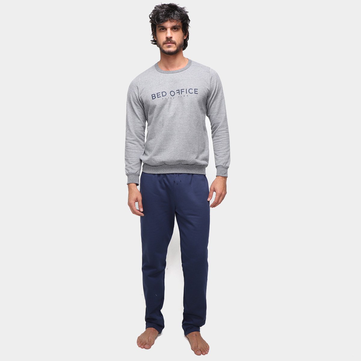 Pijama Longo Moletom Malwee Bed Office Masculino - Chumbo+Azul Menor preço em Pijama Longo Moletom Malwee Bed Office Masculino - Chumbo+Azul