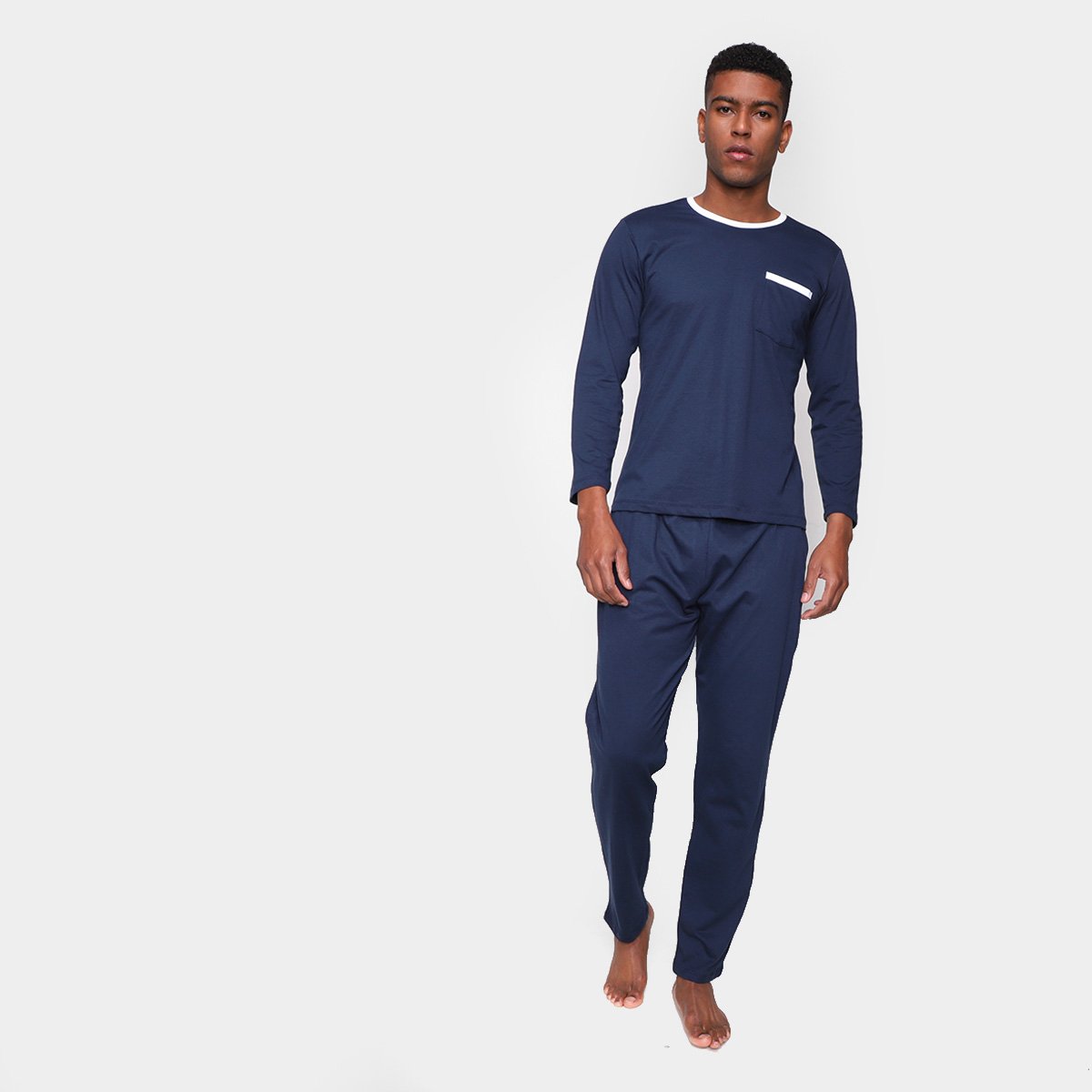Pijama Longo Volare Manga Longa Bolso Masculino - Marinho+Branco Menor preço em Pijama Longo Volare Manga Longa Bolso Masculino - Marinho+Branco
