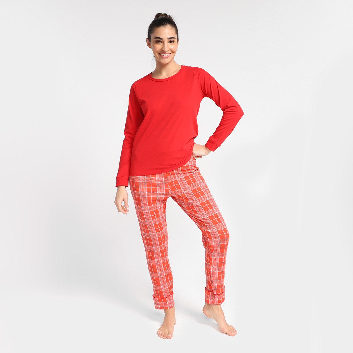 Pijama Longo Volare Xadrez Feminino - Vermelho Menor preço em Pijama Longo Volare Xadrez Feminino - Vermelho