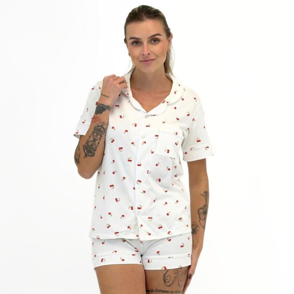Pijama Lupo Americano Estampa de Cereja Manga Curta com Shorts Feminino