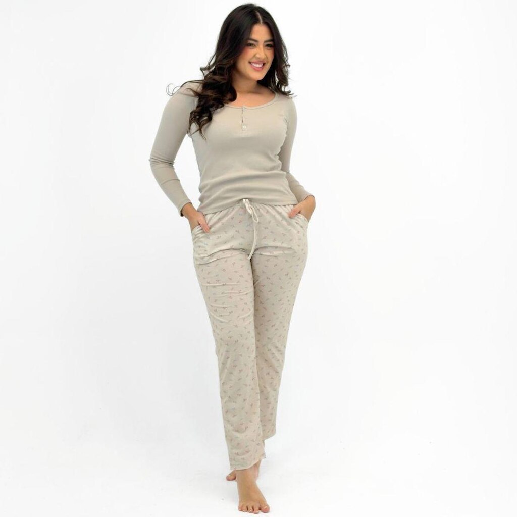 Pijama Lupo Canelado Manga Longa com Calça Estampada Feminino