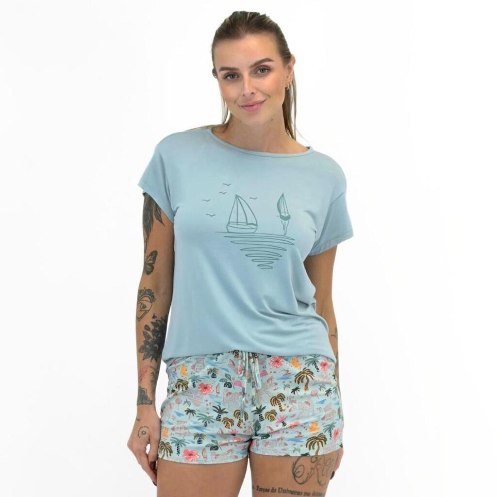 Pijama Lupo Estampado Manga Curta com Shorts Feminino