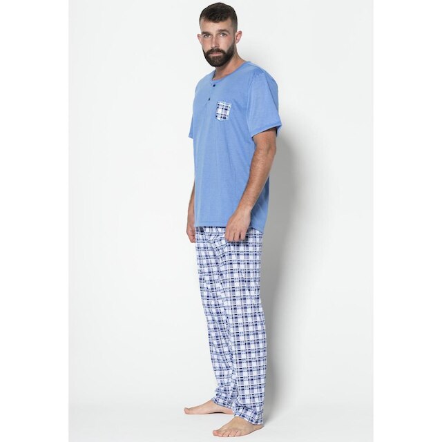 Pijama Malha Masculino Camisa Com Bolso Lisa Calça Estampada