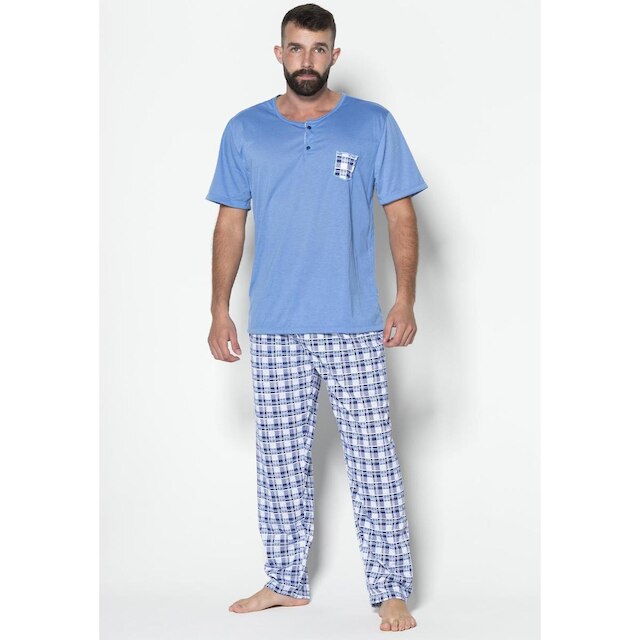 Pijama Malha Masculino Camisa Com Bolso Lisa Calça Estampada