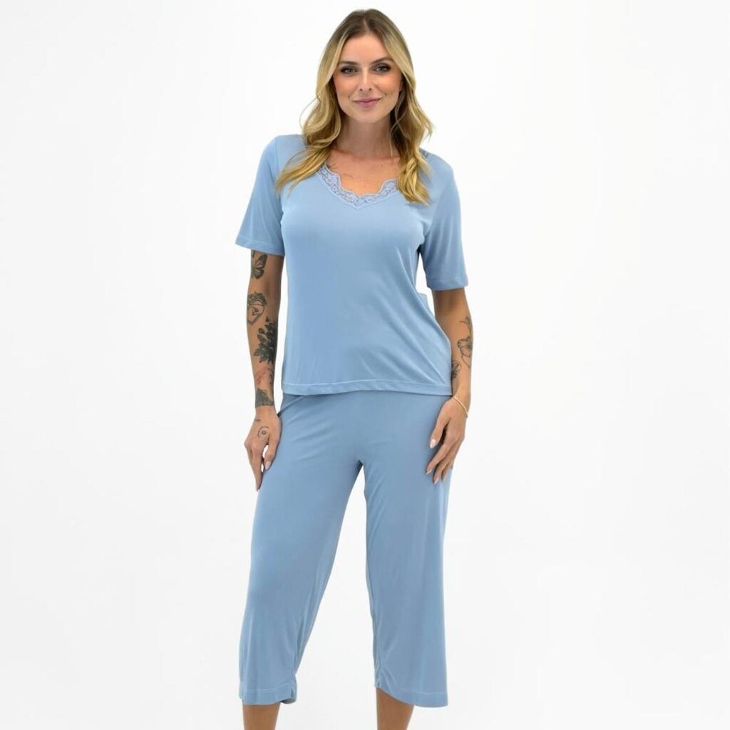 Pijama Malwee Básico Malha Fria Manga Curta com Pantacourt Feminino