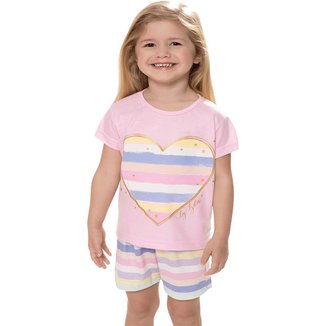 Pijama Manga Curta Estampa Coração e Short Listras - Izitex