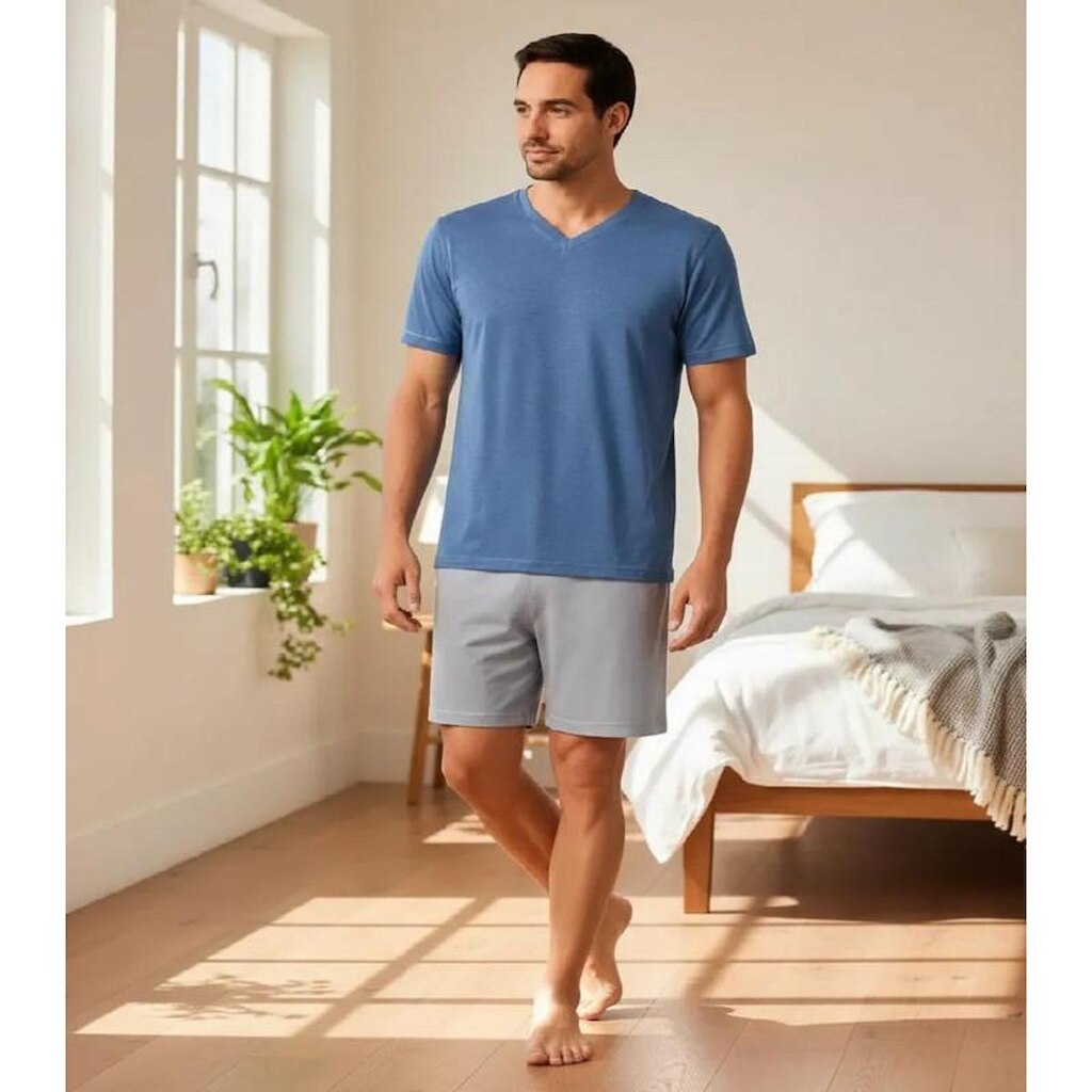 Pijama Masculino Adulto Omoss Manga Curta E Short - Jeans/Platina