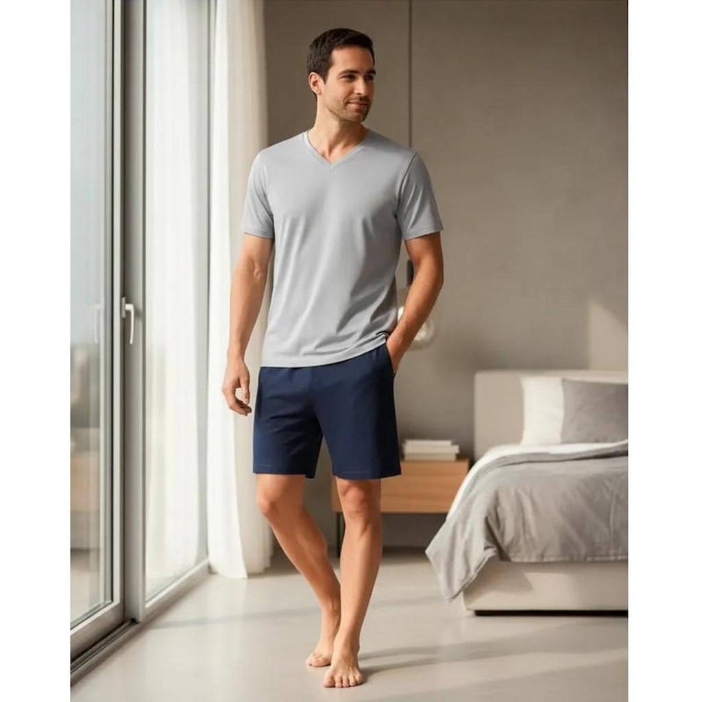 Pijama Masculino Adulto Omoss Manga Curta E Short -Platina\Marinho