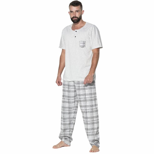 Pijama Masculino Com Bolso Bella Fiore Manga Curta Calça Longa Estampada Linha Noite