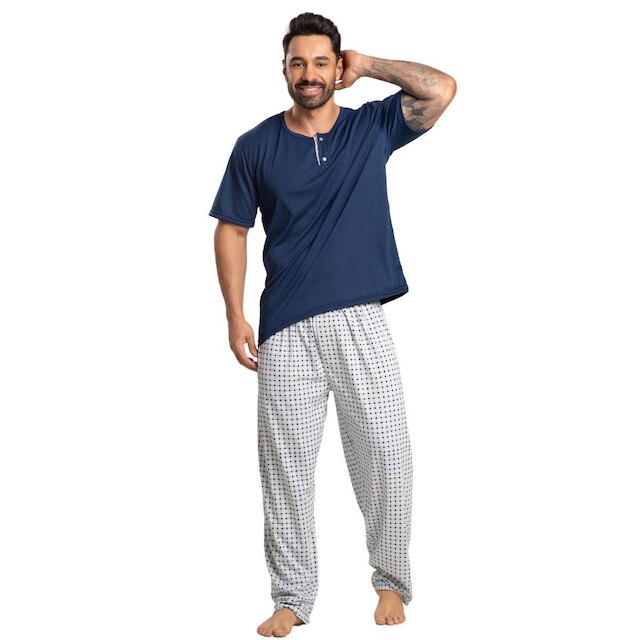 Pijama Masculino Com Bolso Serra e Mar Conjunto Manga Curta Calça Longa Roupa Para Dormir Frio
