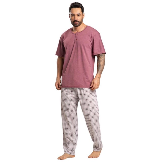 Pijama Masculino Com Bolso Serra e Mar Conjunto Manga Curta Calça Longa Roupa Para Dormir Frio