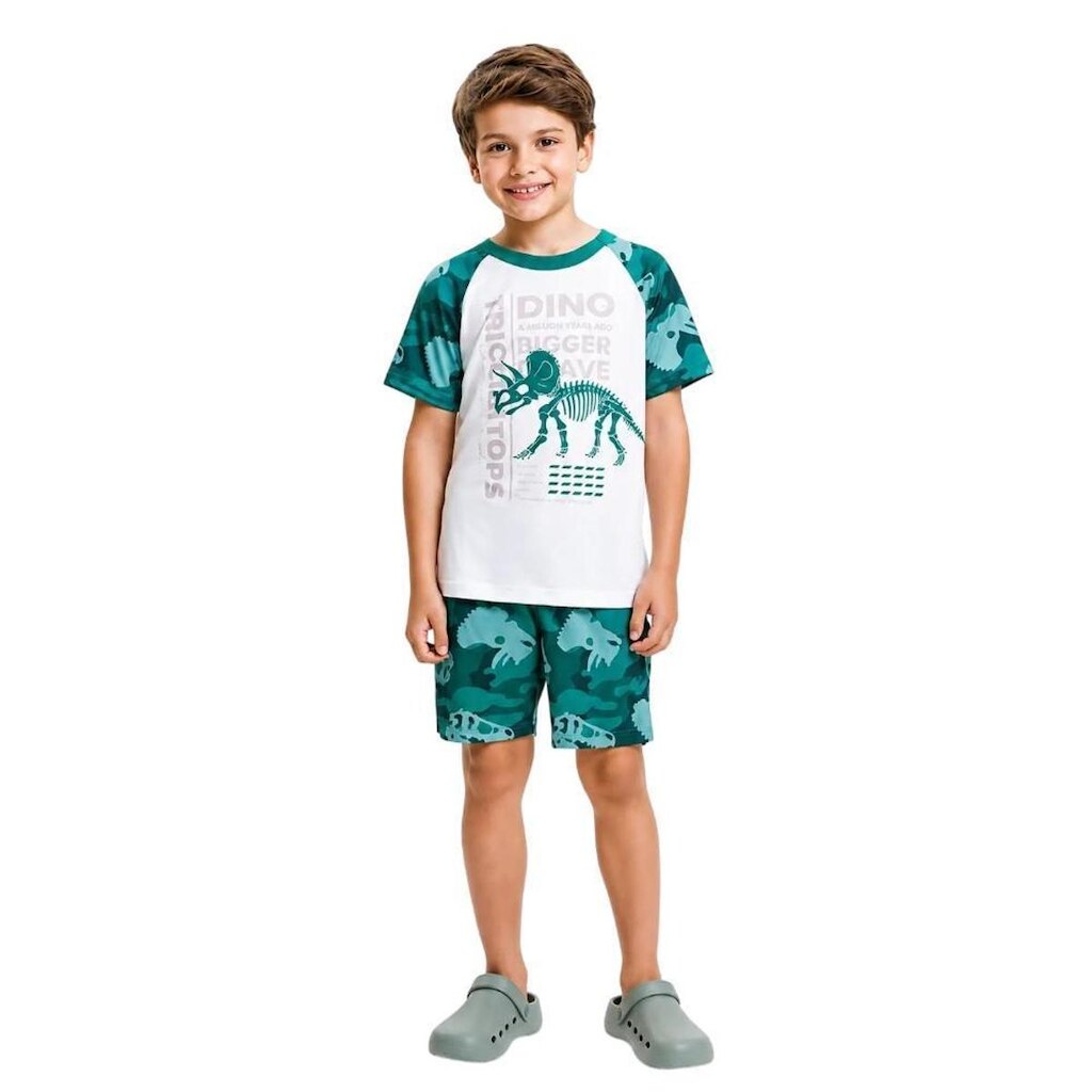 Pijama Menino Tricerátops Camiseta e Bermuda Suede Divertto
