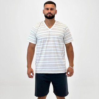 Pijama Pzama Listrado Manga Curta com Shorts Masculino
