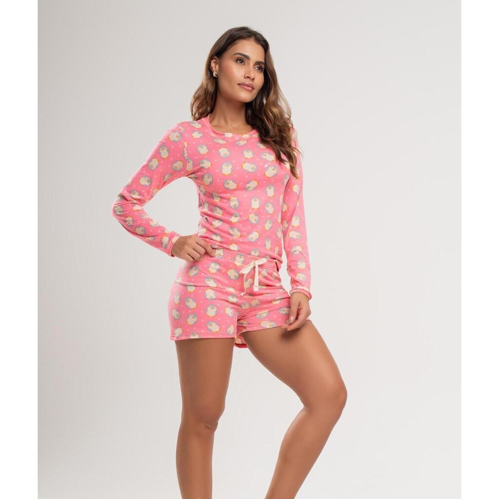 Pijama Salvatore Fashion Short Blusa Manga Longa Malha Feminino