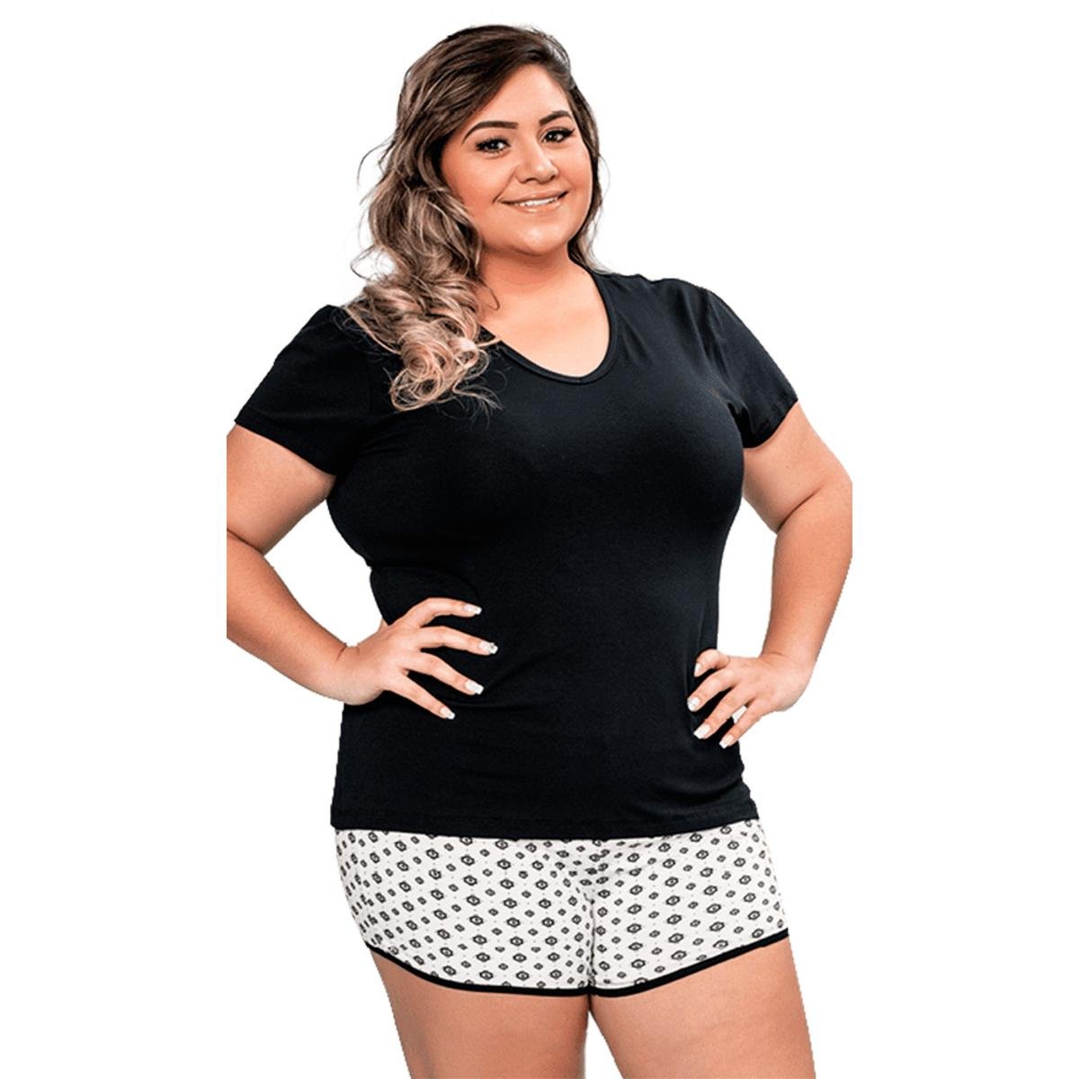 Pijama Short Doll Manga Curta Plus Size Luna Cuore - Preto | Zattini