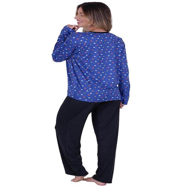 Pijama Suede Manga Longa Blusa Estampado Calça LisaSt Madame