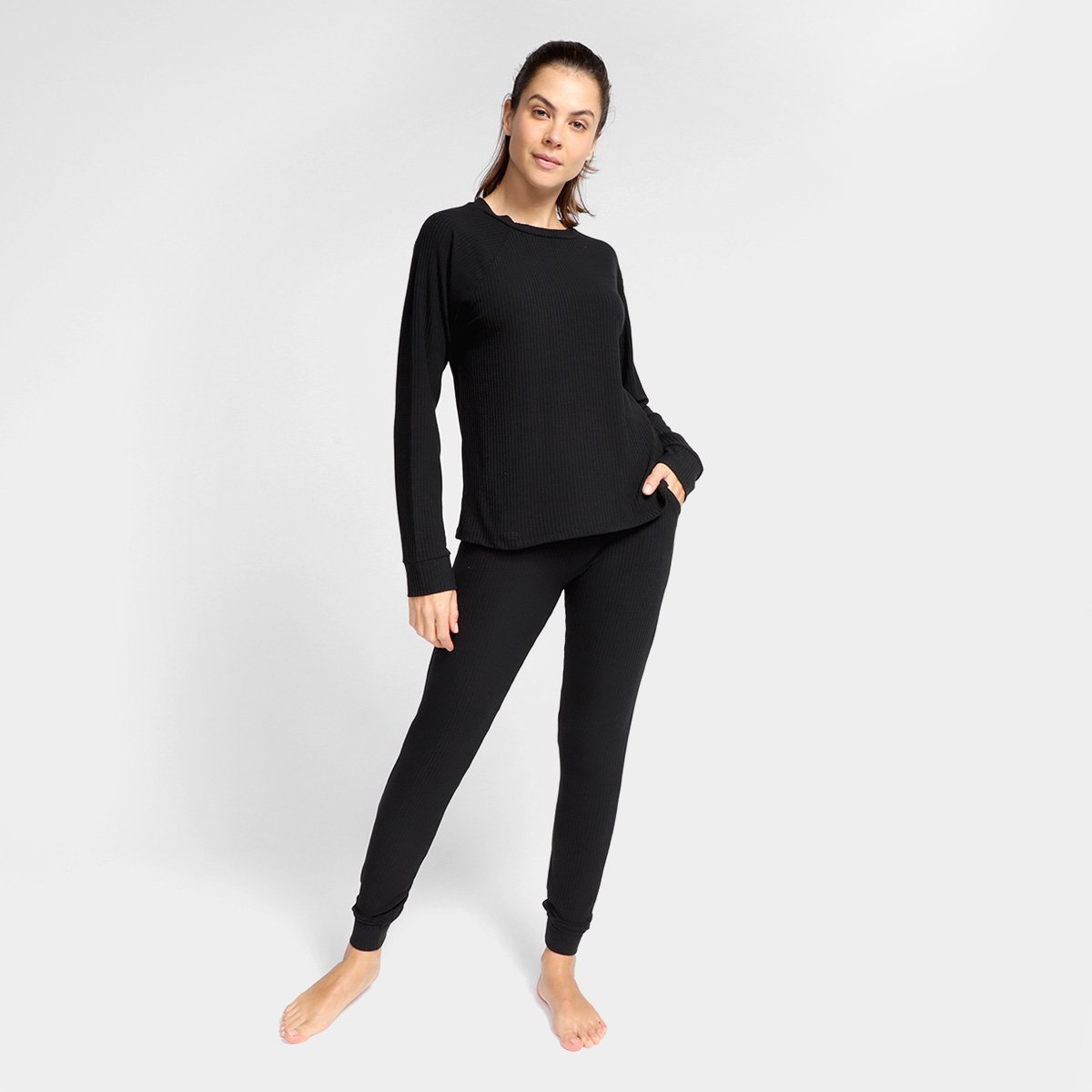 Pijama Volare Longo Canelado Feminino - Preto Menor preço em Pijama Volare Longo Canelado Feminino - Preto