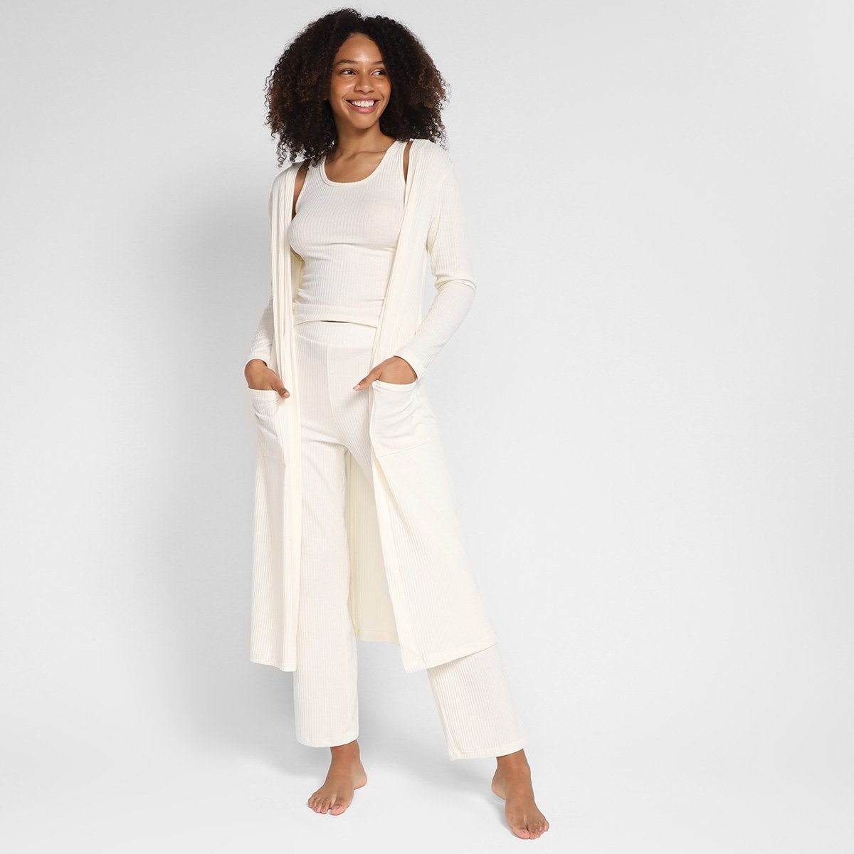 Pijama Volare Longo Com Robe Feminino - Off White Menor preço em Pijama Volare Longo Com Robe Feminino - Off White