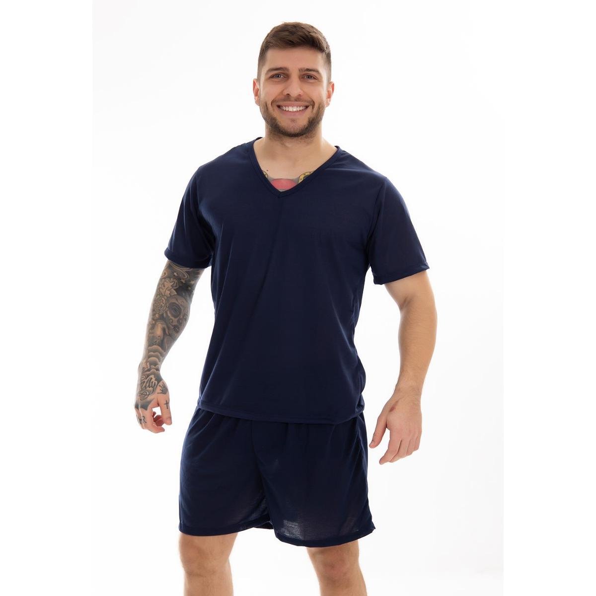 Pijamas Gola V Masculino Fechado Conjunto Curto - Marinho+Branco Menor preço em Pijamas Gola V Masculino Fechado Conjunto Curto - Marinho+Branco