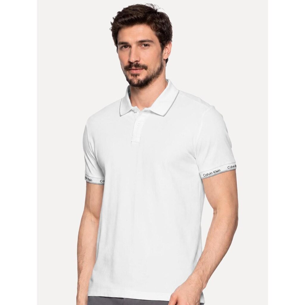Polo Calvin Klein Masculina Piquet Slim Básica Friso Logo Punho Branca