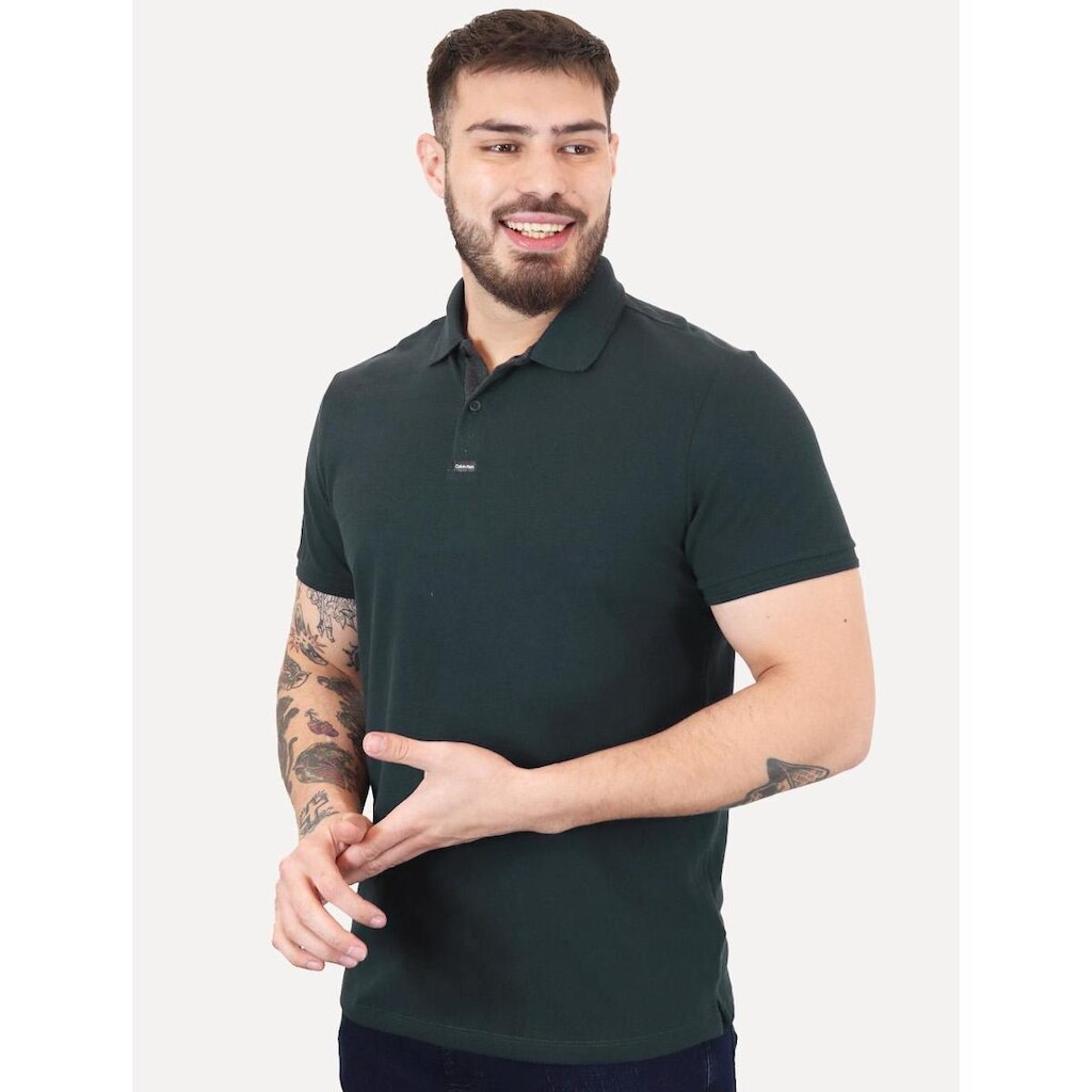 Polo Calvin Klein Masculina Piquet Slim Center Rubber Premium Azul Petróleo