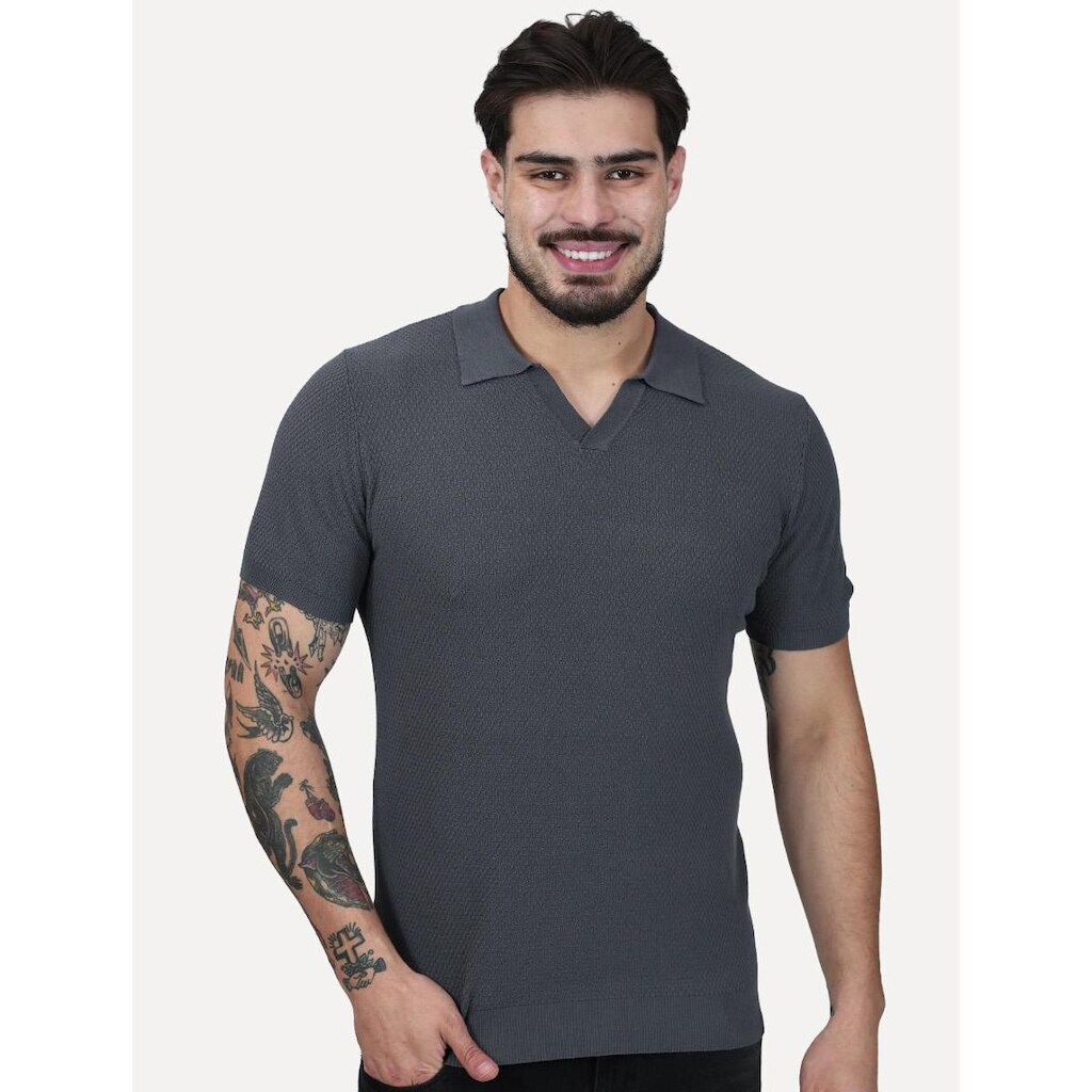 Polo Dixen Masculina Tricot Manga Curta Chumbo