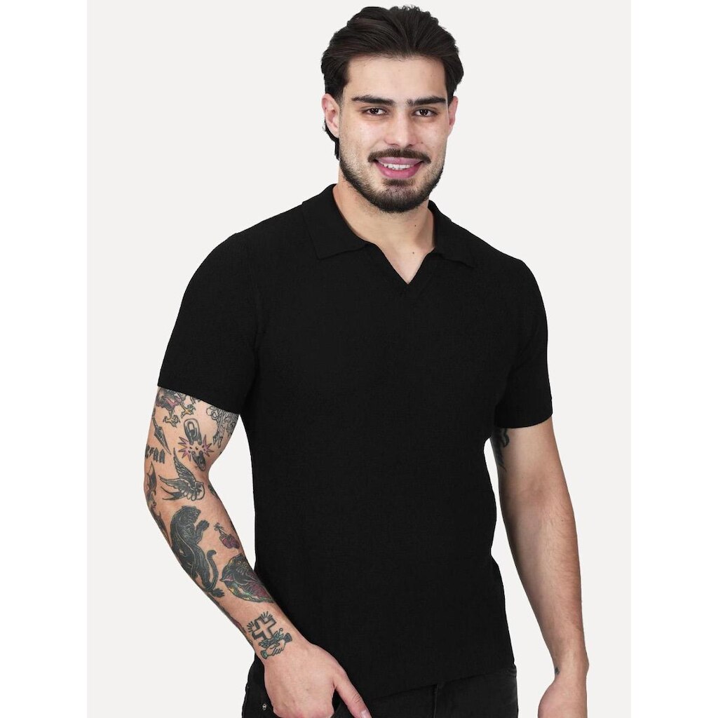 Polo Dixen Masculina Tricot Manga Curta Preta